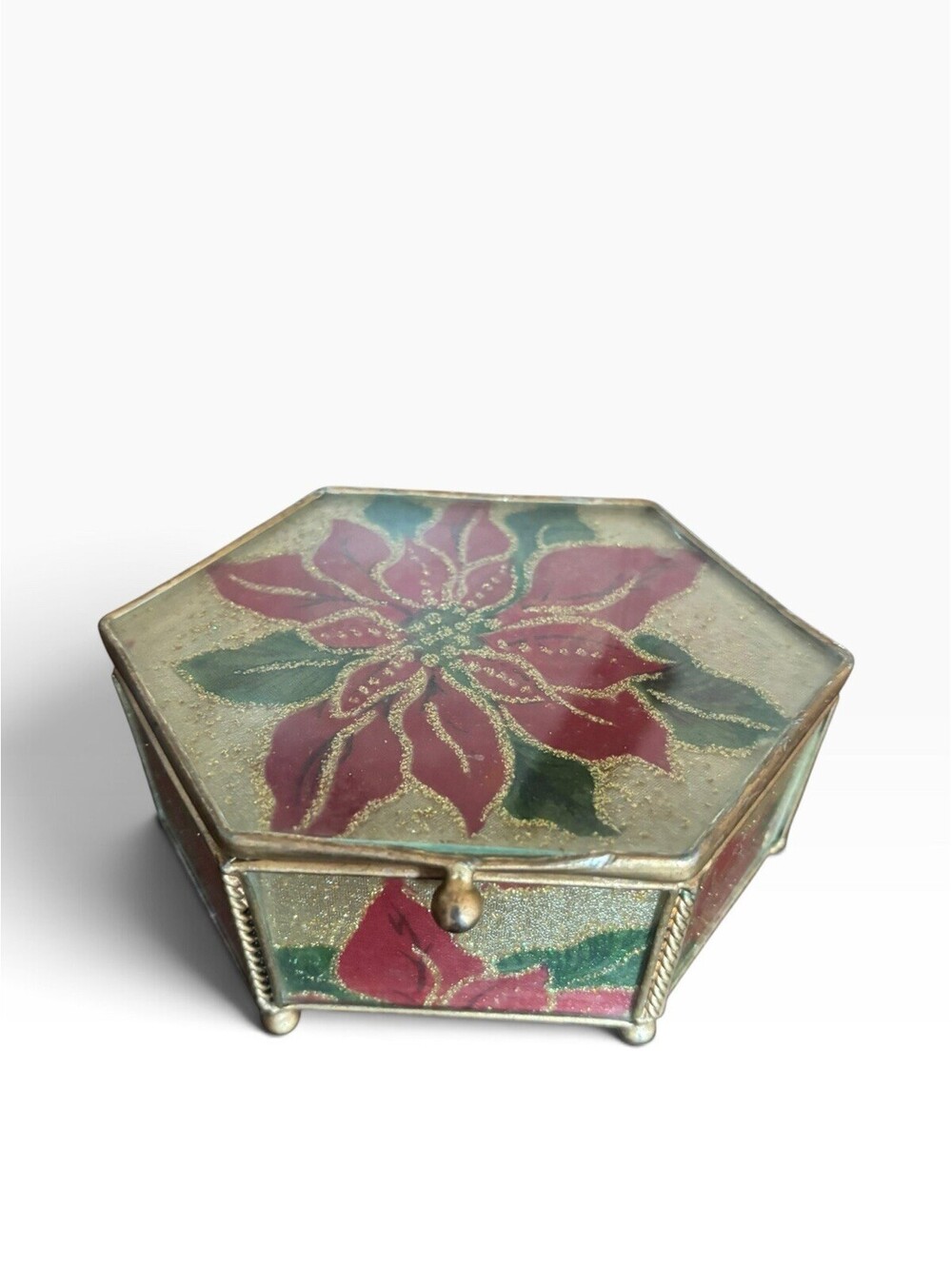 Poinsettia Hinged Glass Trinket Box Brass Trim Christmas Hexagon
